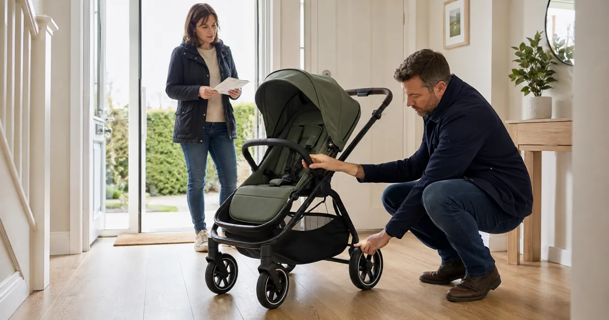 Buyer inspecting the brake, harness and folding frame of an empty second-hand pram in an Irish home