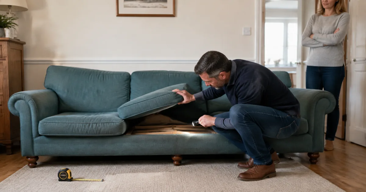 Buyer lifting a cushion and inspecting the support of a teal second-hand sofa before purchase