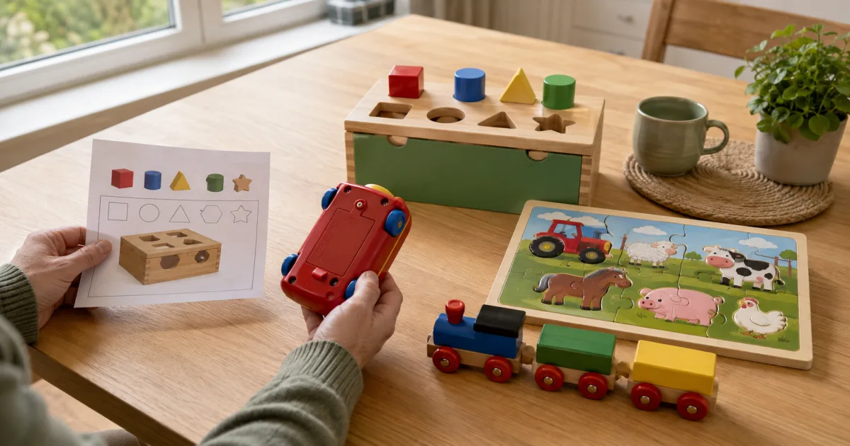 Adult comparing a parts guide with complete second-hand wooden toys and a secured battery compartment