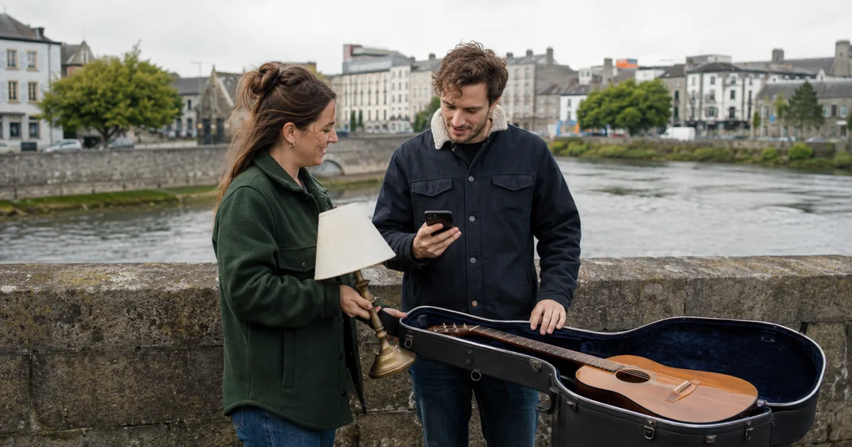 Buyer and seller inspecting a used guitar and lamp during a local handover beside the River Shannon in Limerick