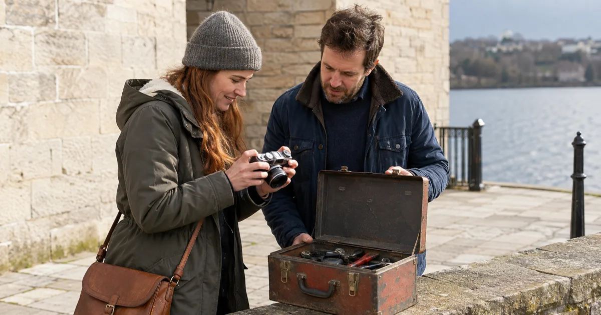 Waterford buyer and seller checking a second-hand camera and toolbox beside the River Suir