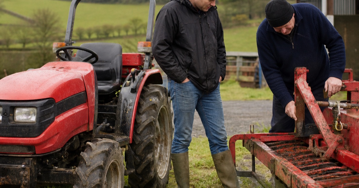 Farmers inspecting a tractor and implement in an Irish farmyard