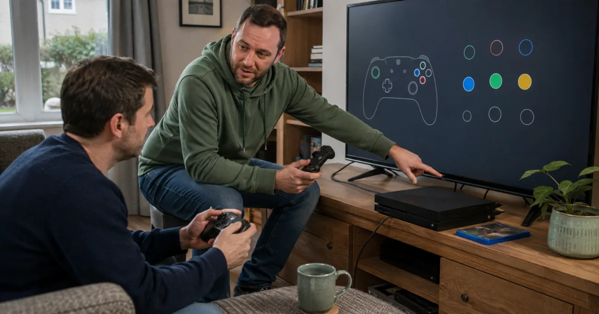 Buyer testing a second-hand games console and controllers with the seller in an Irish home