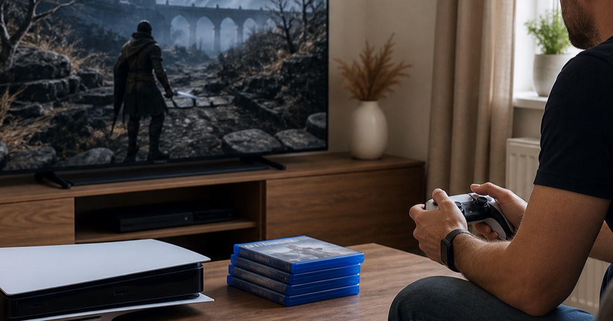 Used game console and controller being tested in a living room