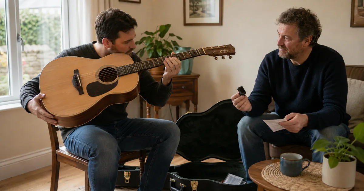Beginner inspecting the neck of a second-hand acoustic guitar while the seller holds a tuner and receipt in an Irish sitting room