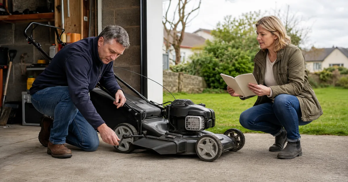 Buyer checking the wheel adjustment on a switched-off used lawn mower while the seller holds its manual at an Irish garage