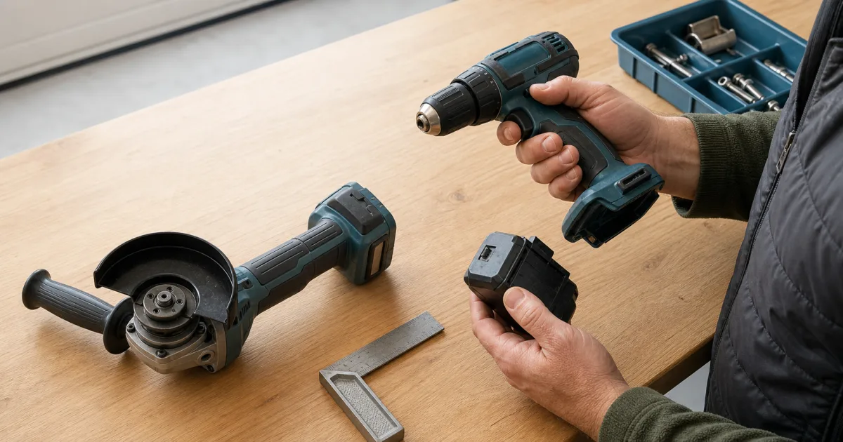 Buyer inspecting the chuck, battery and safety guard of used power tools before purchase in Ireland