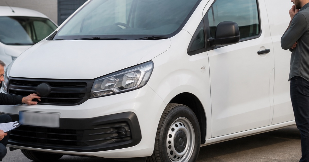 Buyer and mechanic inspecting a used commercial van
