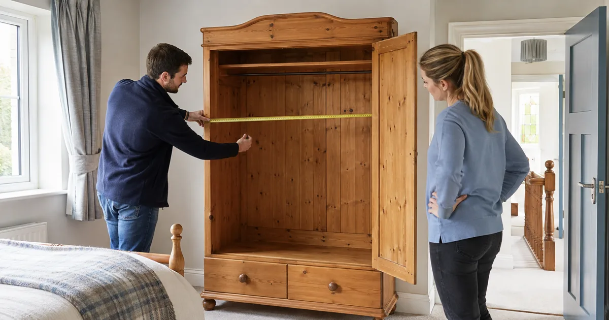 Buyer measuring the inside width of a used wooden wardrobe before collection
