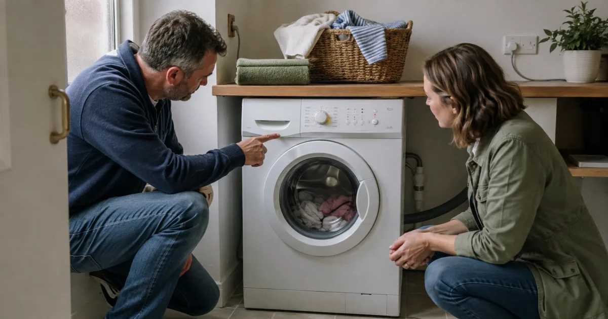Buyer and seller watching a used washing machine complete a test cycle in an Irish utility room