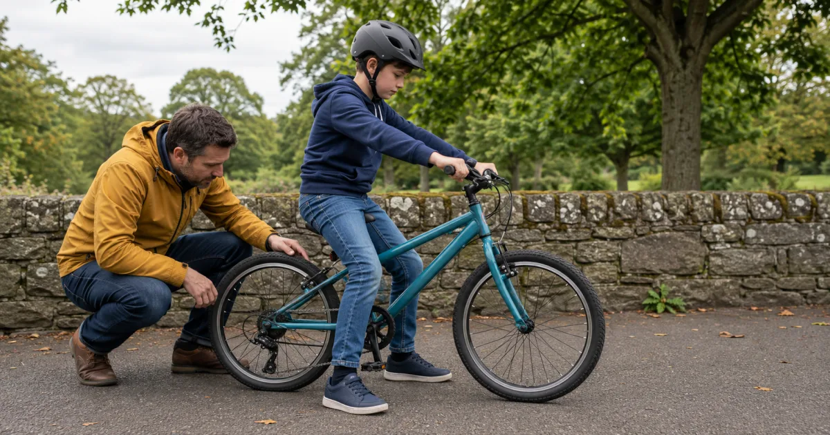 Parent checking a child-sized bicycle while a helmeted child confirms both feet reach the ground