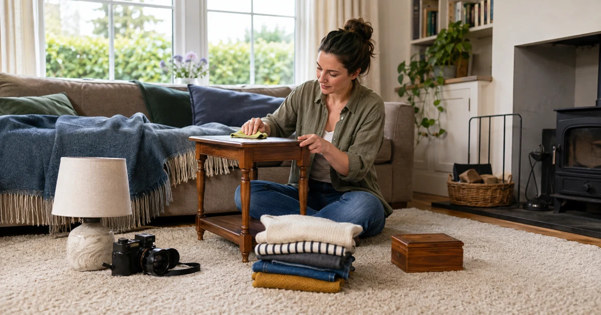 Person cleaning a second-hand wooden side table while sorting a lamp, camera, folded clothes and keepsake box during a home declutter