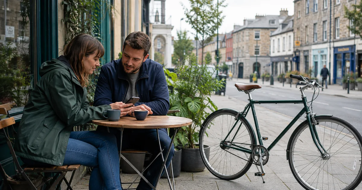 Buyer and seller reviewing a second-hand bicycle listing at a café in an Irish town