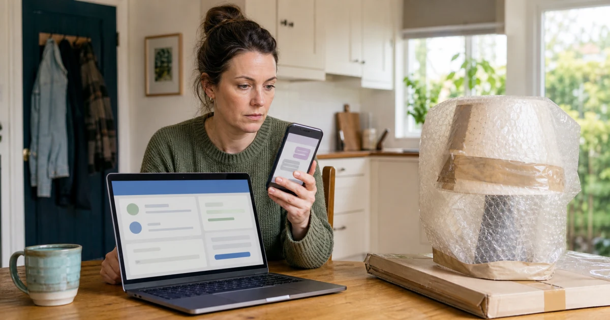 Seller comparing an unreadable payment message on a phone with a separate banking account on a laptop before releasing a packaged lamp