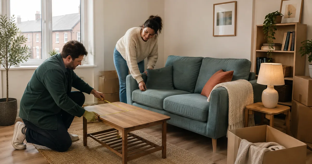 Two renters measuring a second-hand coffee table beside a teal sofa in an Irish rental home