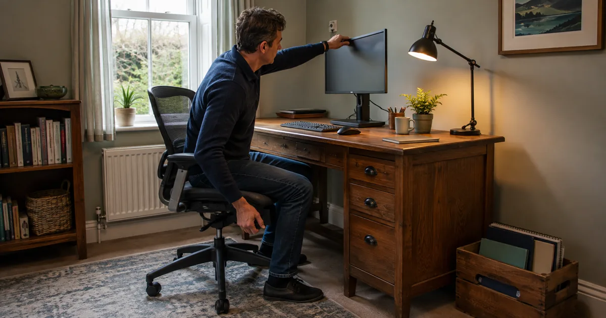 Person adjusting a monitor and used office chair at a second-hand wooden desk in a home office