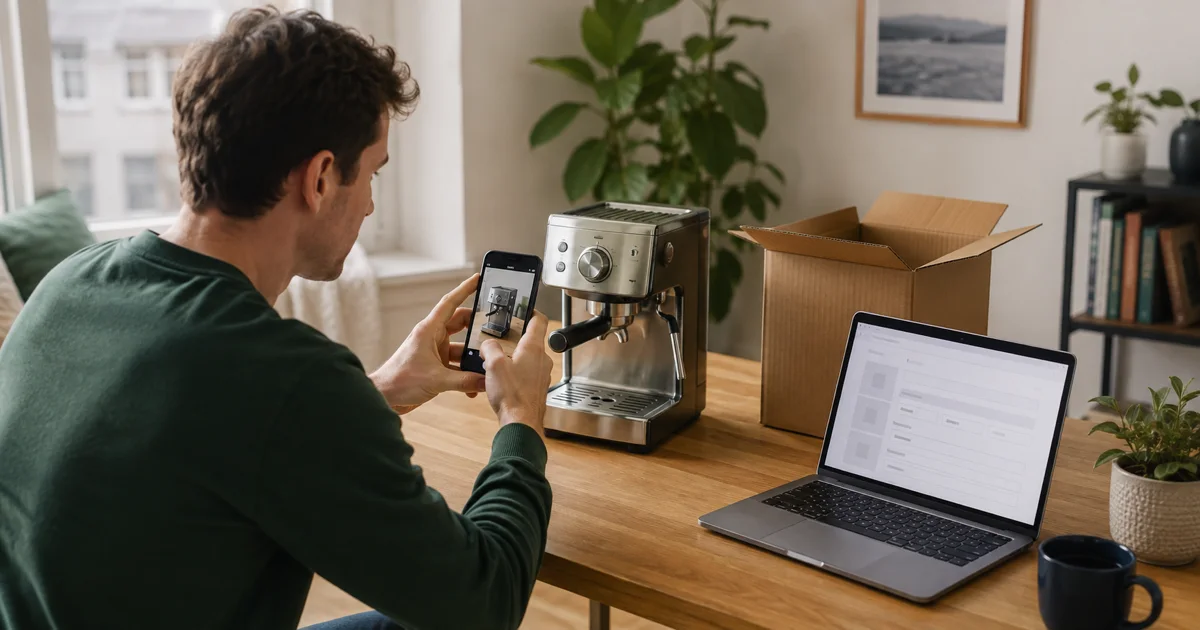 First-time LocalAds.ie seller photographing a used coffee machine for an online advert