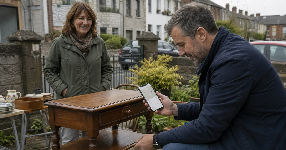Buyer inspecting a second-hand wooden table during a local collection in an Irish neighbourhood