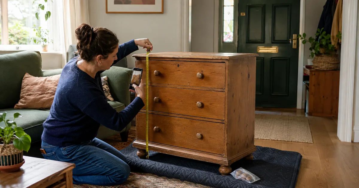 Irish seller measuring and photographing a used wooden chest of drawers before listing it