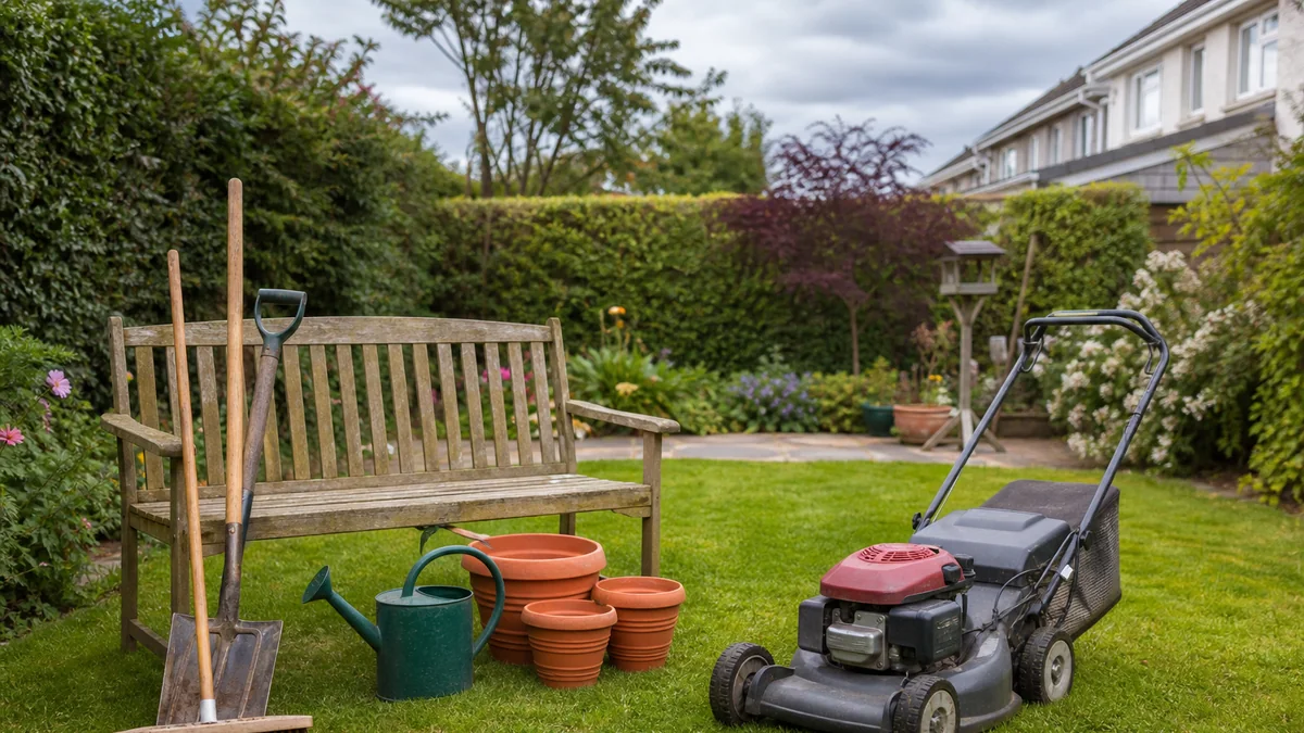Used garden tools, lawn mower, pots and outdoor bench in an Irish garden