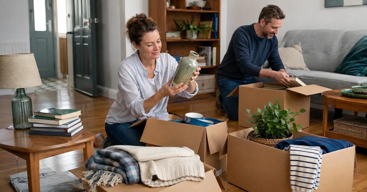 Two adults sorting reusable household belongings into boxes while moving house in Ireland