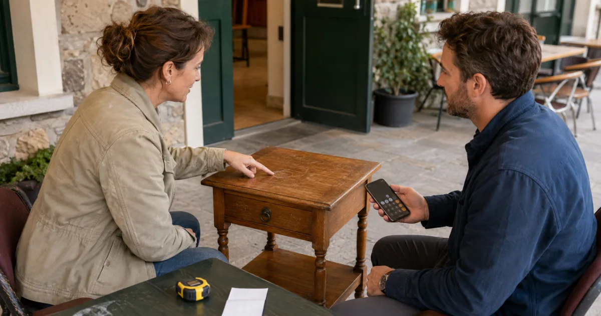 Buyer and seller calmly discussing a visible mark and price on a second-hand wooden side table in a public daytime setting