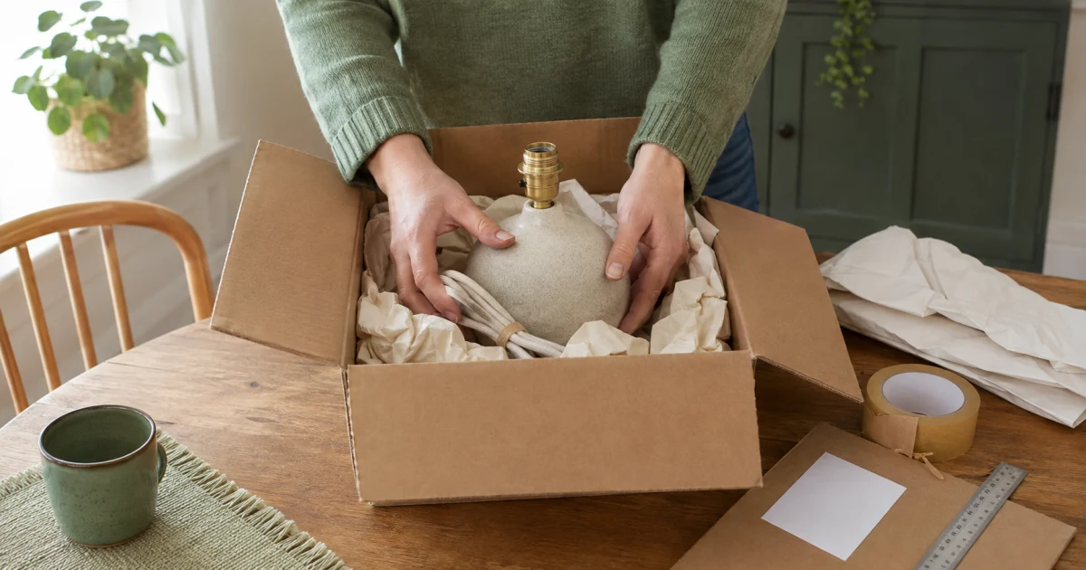 Seller cushioning an unplugged second-hand ceramic lamp base with clean paper inside a strong cardboard box before posting it in Ireland