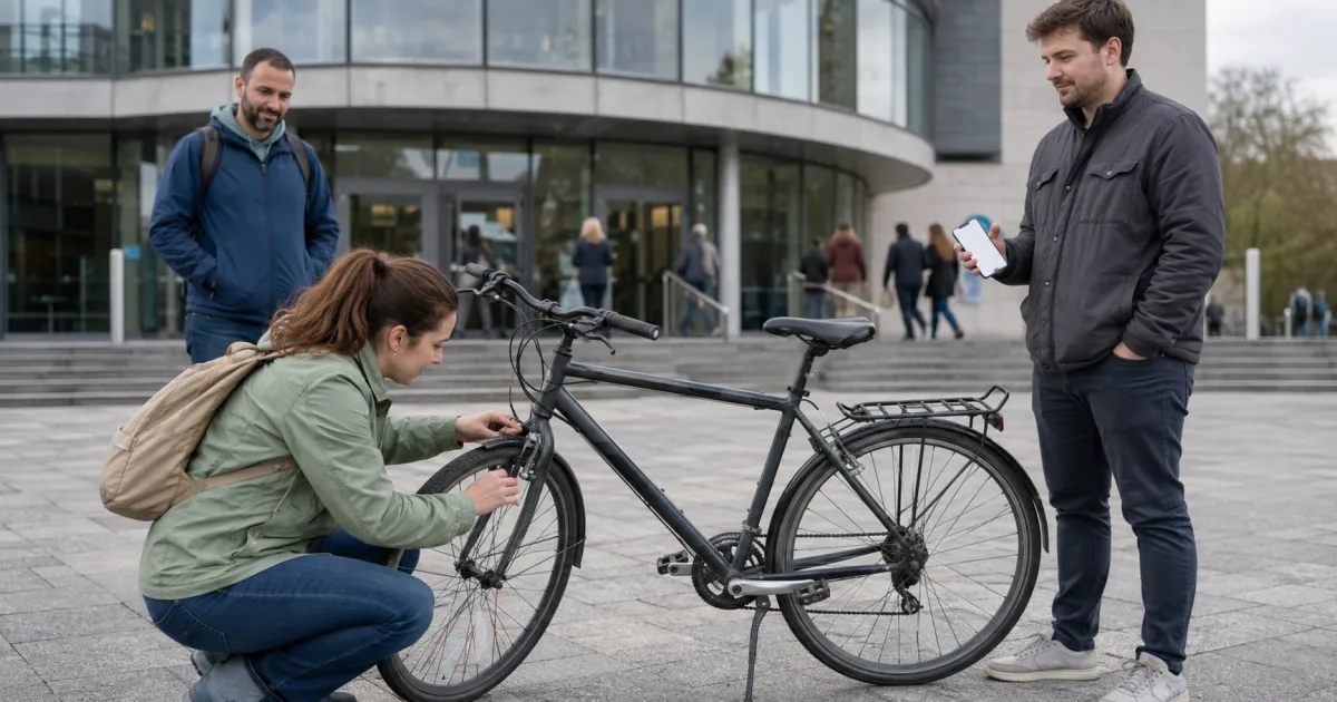 Buyer inspecting a stationary second-hand bicycle with the seller and a trusted companion outside a busy public building in daylight