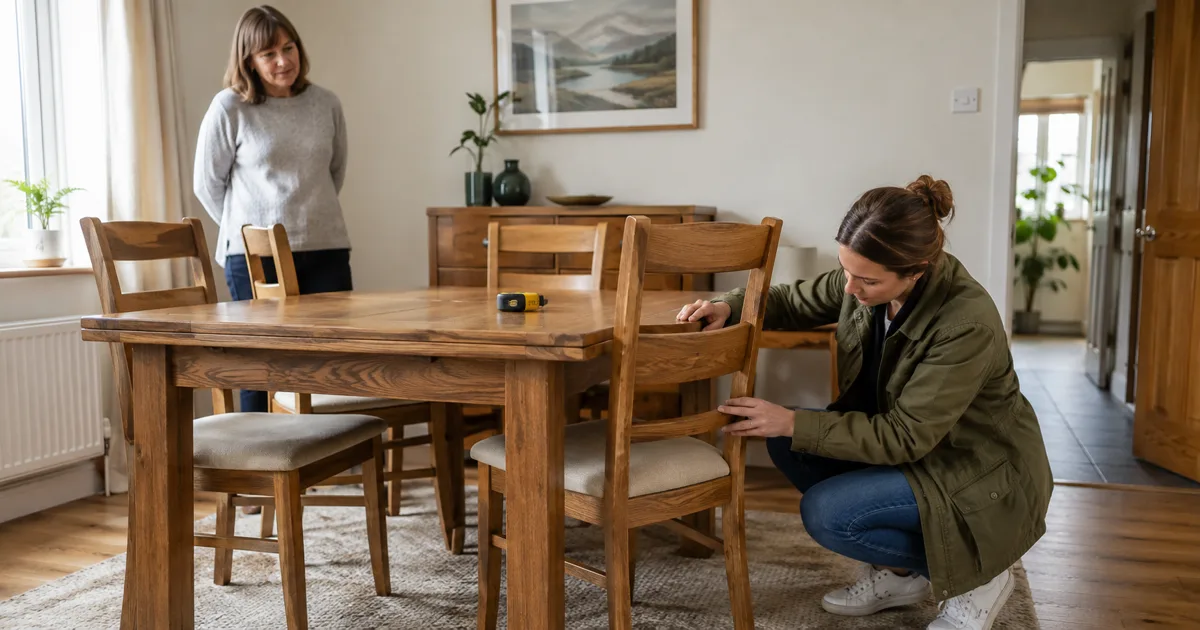 Buyer checking the joint of a wooden dining chair beside a second-hand dining table