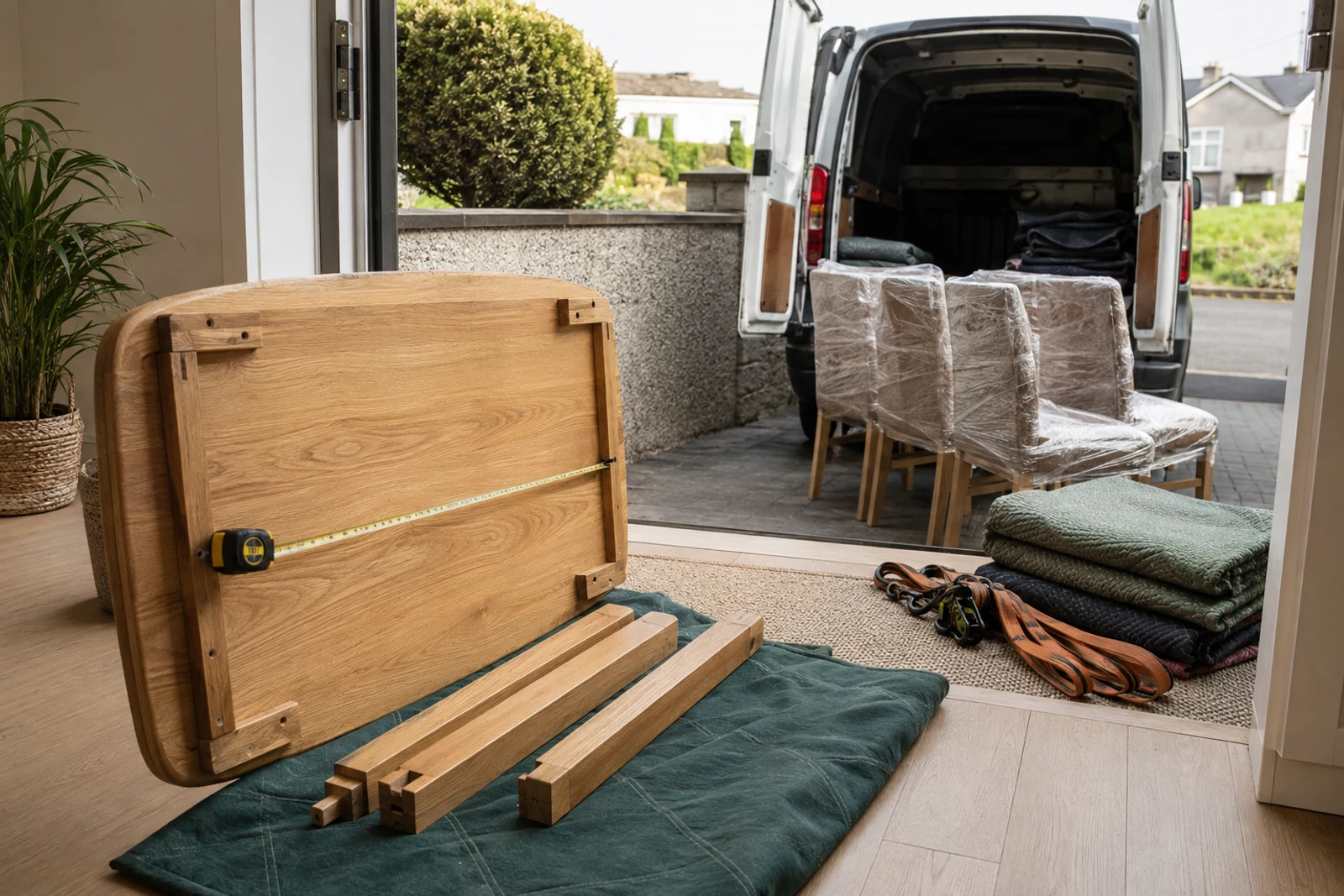 Solid wood dining table dismantled and measured beside wrapped chairs and a delivery van at an Irish home
