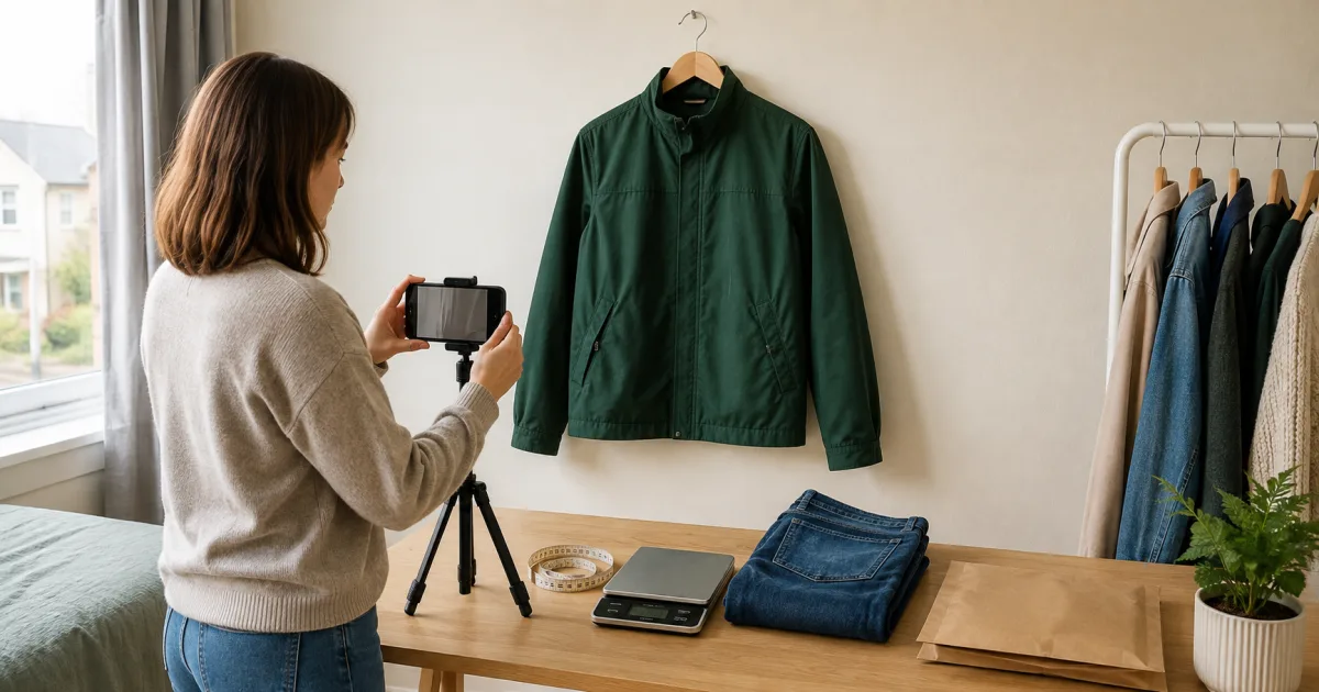 Seller photographing a green jacket beside measuring tape, parcel scales and recyclable packaging in an Irish home