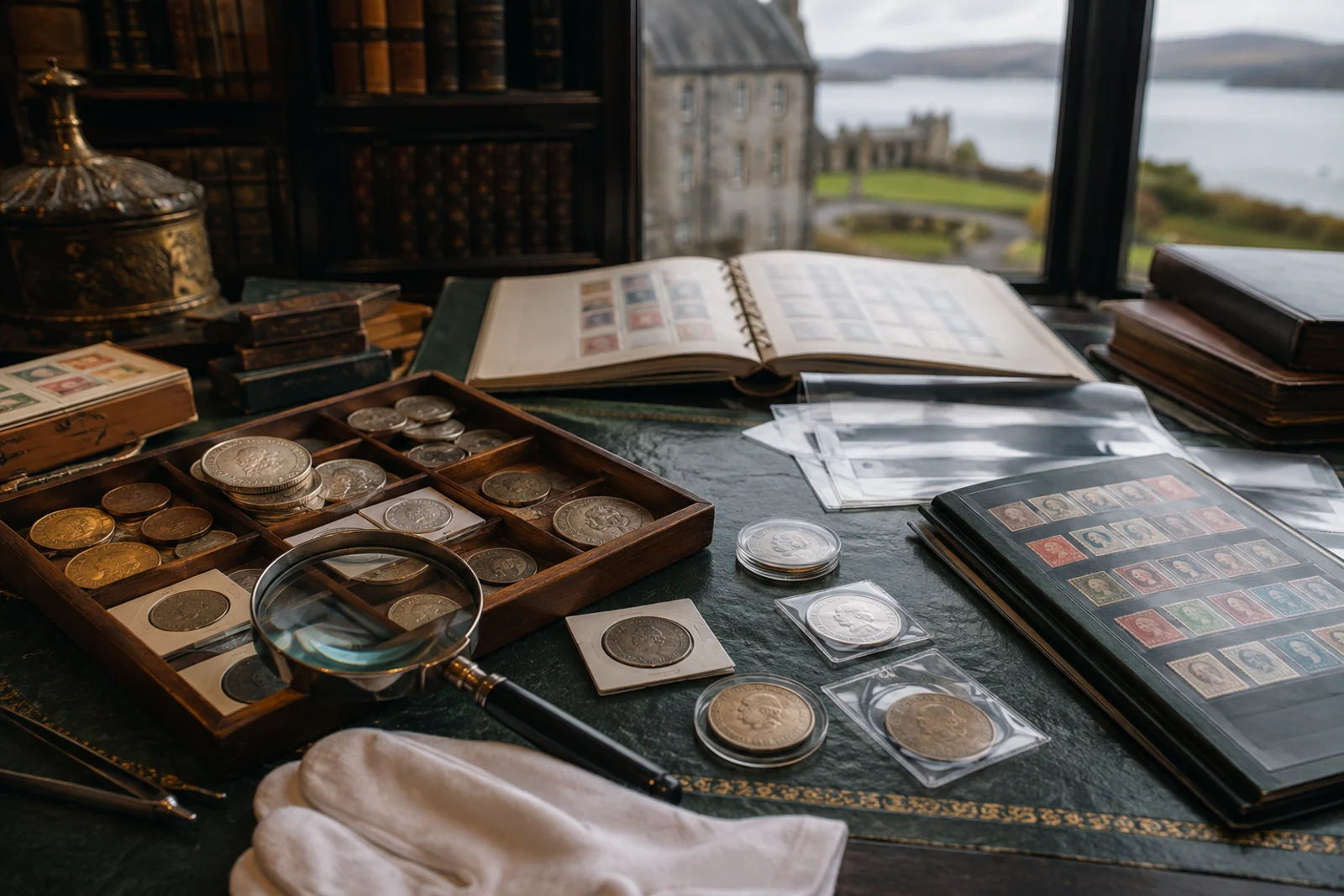 Coin trays, stamp albums, sleeves, gloves and magnifying glass on a collector’s table