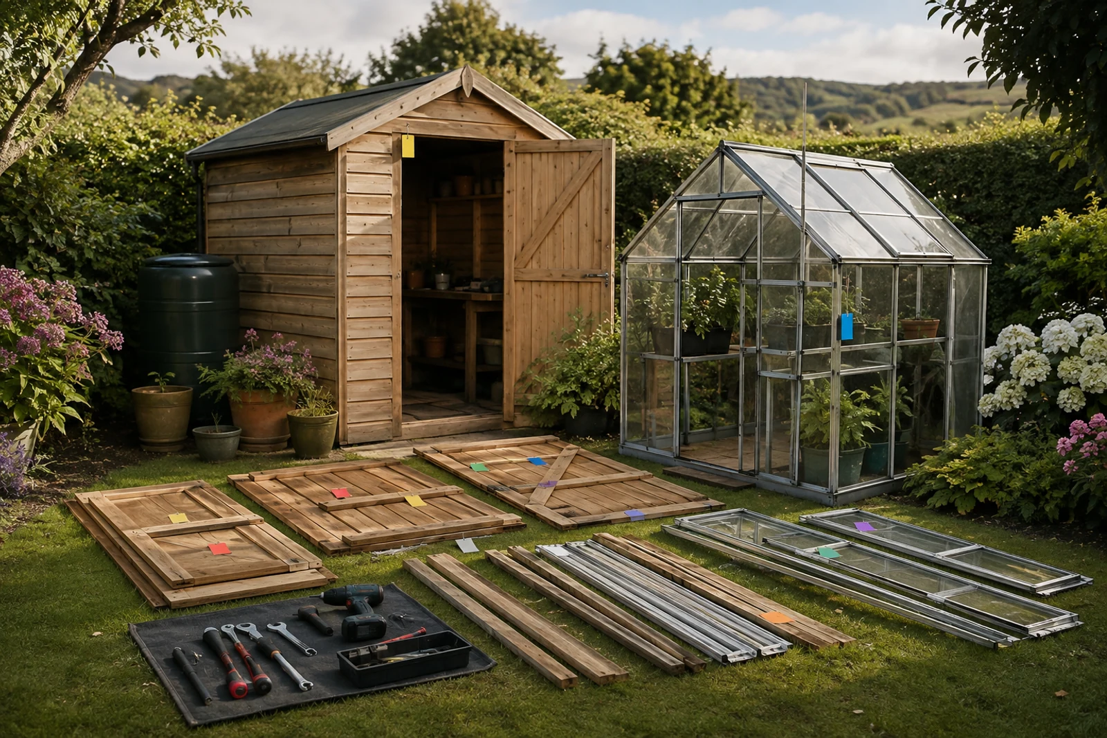 Timber garden shed and aluminium greenhouse with organised dismantled panels and tools