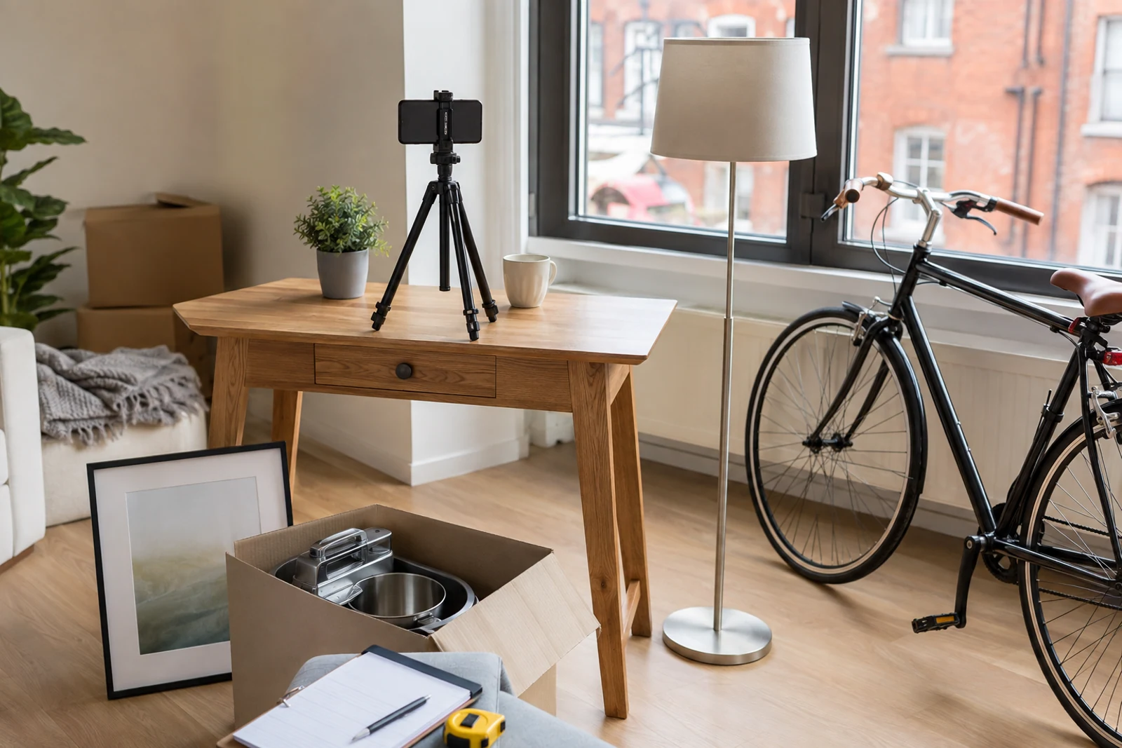 Household items prepared for a local online listing in a bright Dublin apartment