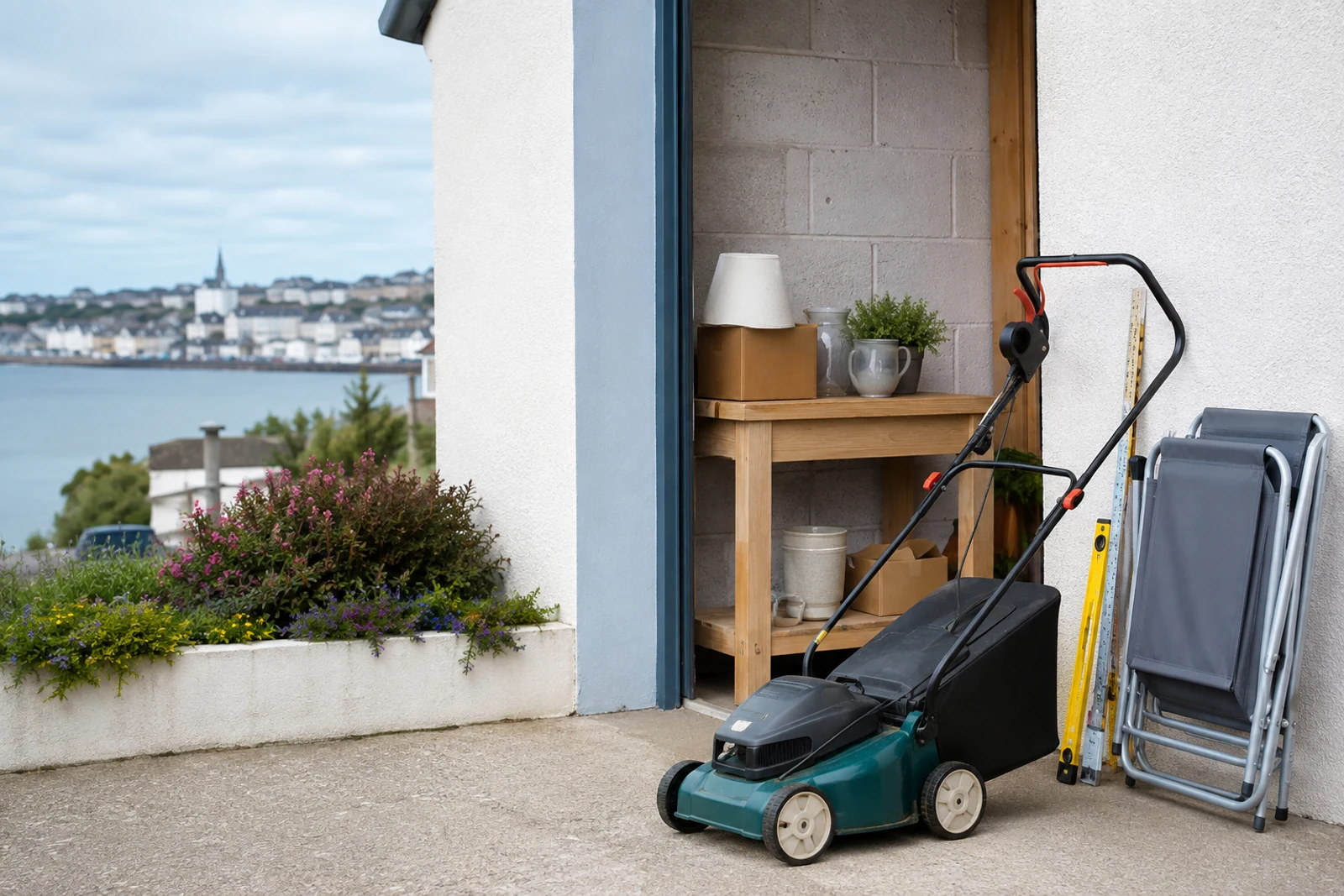 Used lawn mower and household items prepared for sale near Waterford’s coast