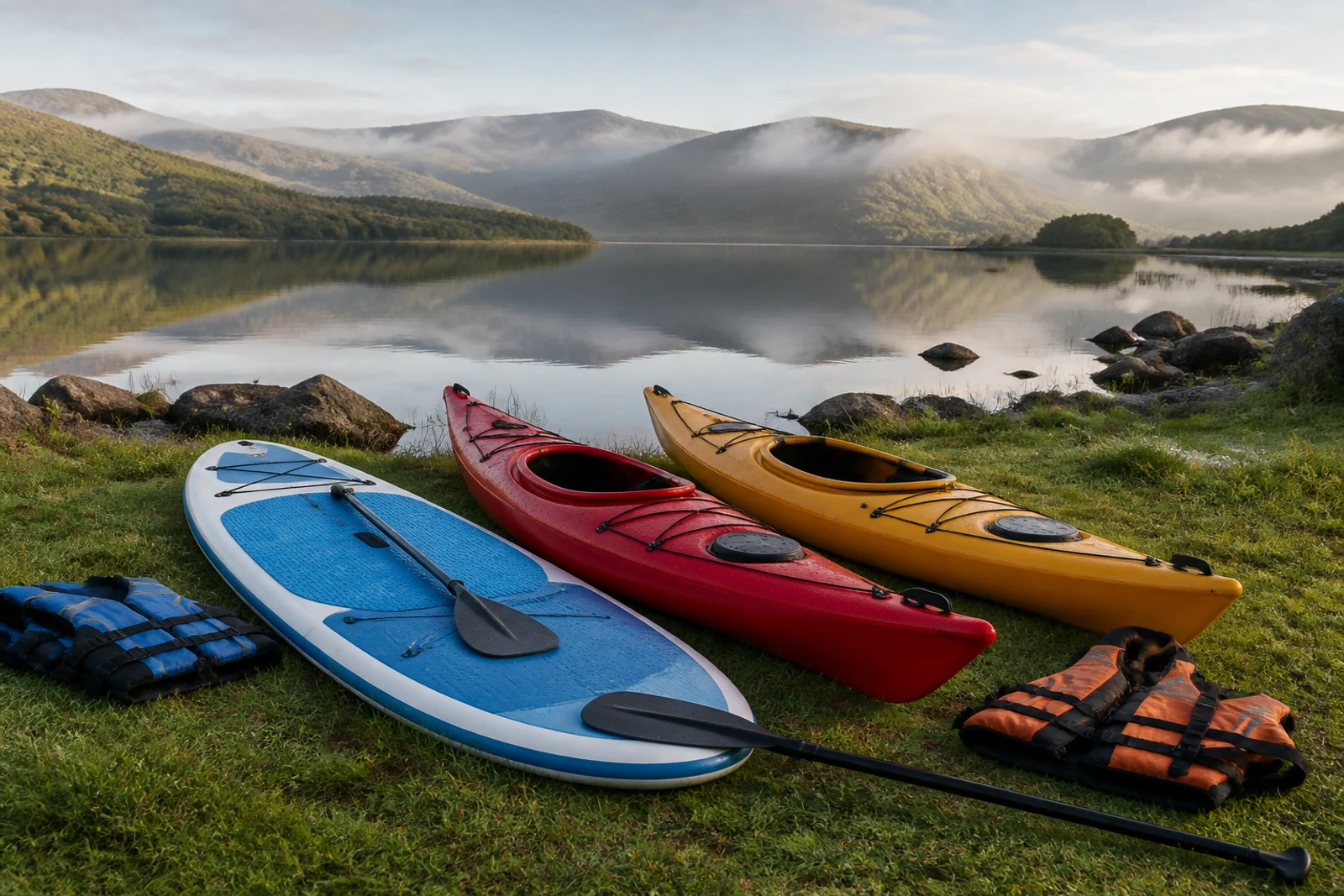 Two kayaks, paddleboard, paddles and buoyancy aids beside a calm Irish lake