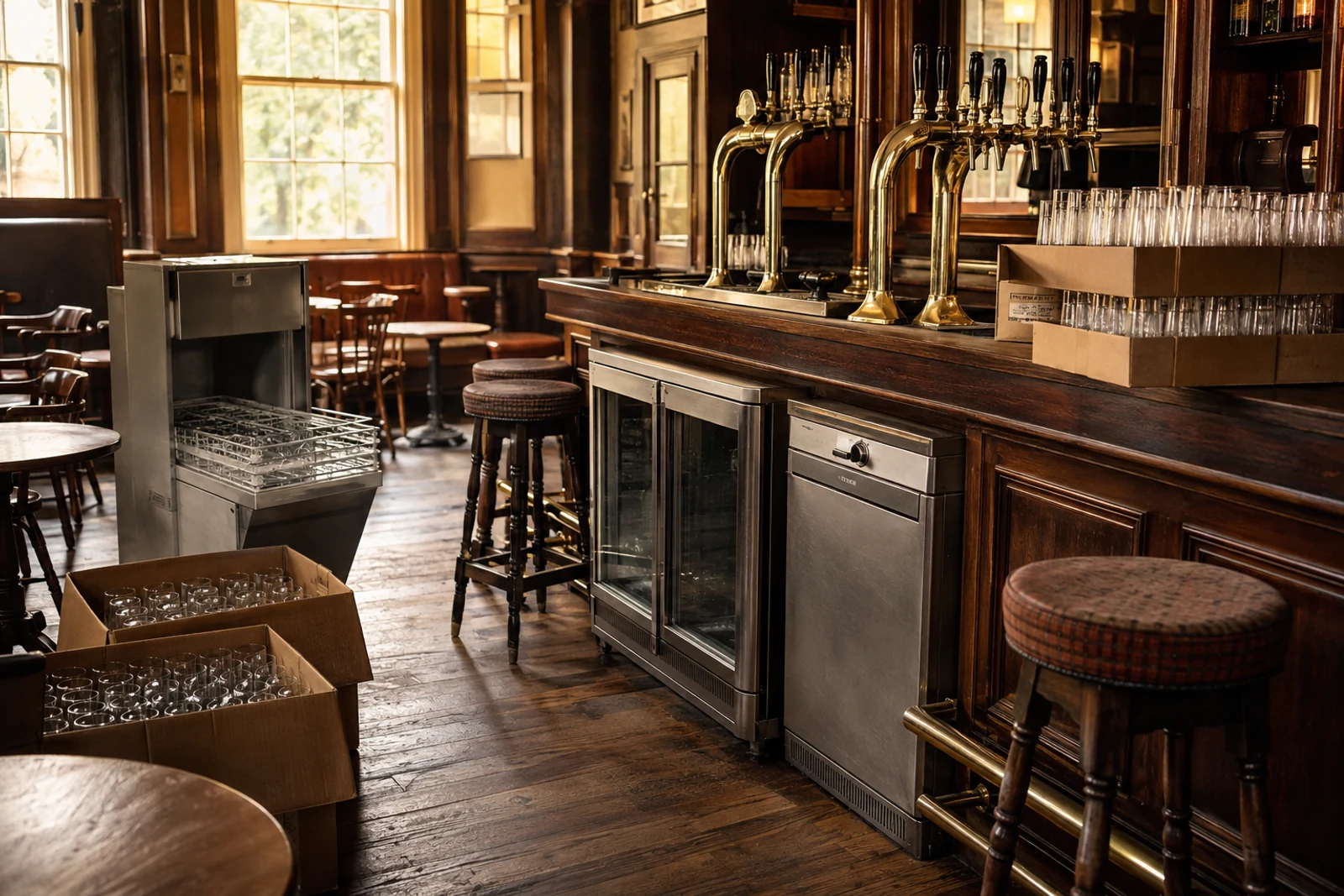 Unbranded pub taps, refrigeration, glasswasher and glassware prepared for sale