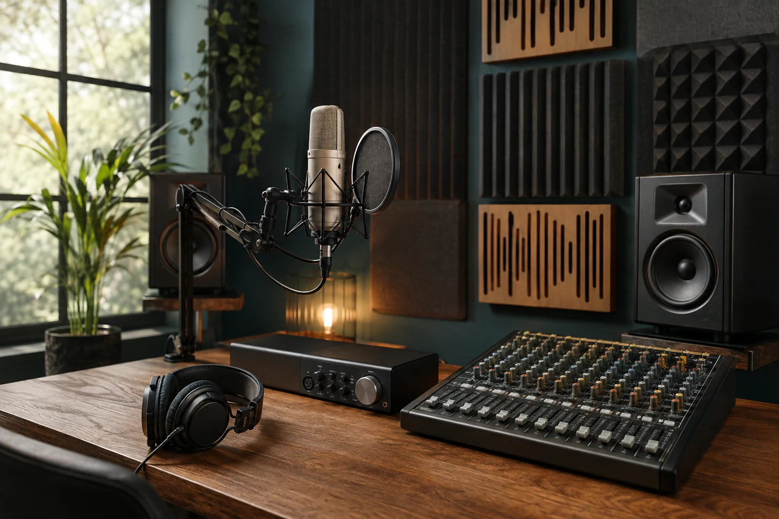 Microphone, mixer, monitors, headphones and audio interface in a home studio