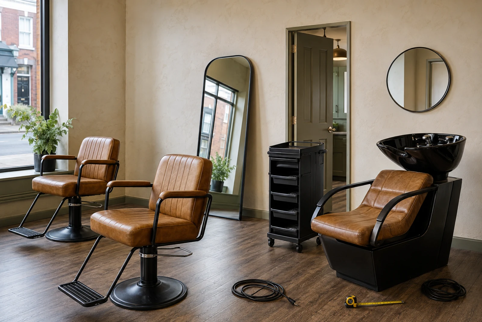 Used tan salon chairs, wash unit, mirrors and trolley arranged in a clean Irish salon for resale