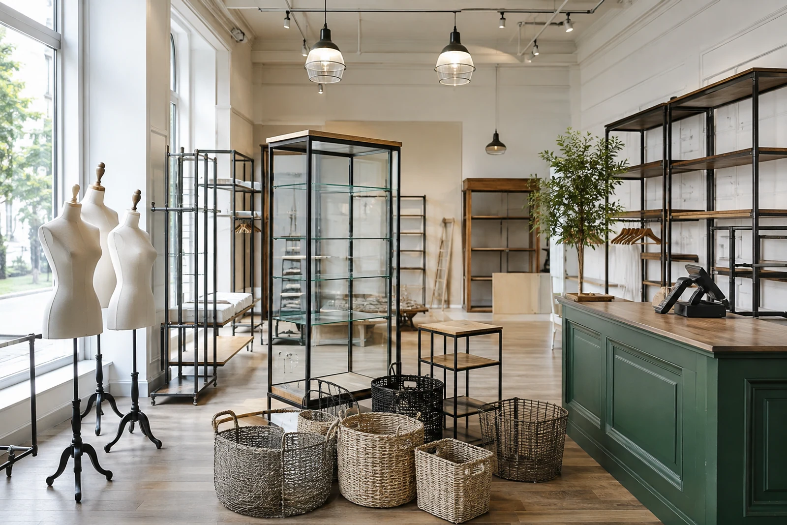 Retail shelving, glass cabinets, garment rails, baskets and counter arranged in an empty shop