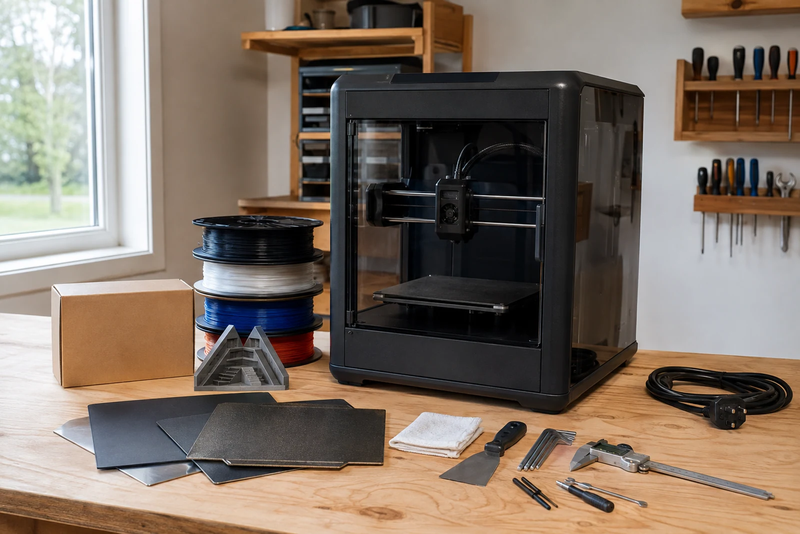 Unbranded enclosed 3D printer with filament, tools and test print on a workbench