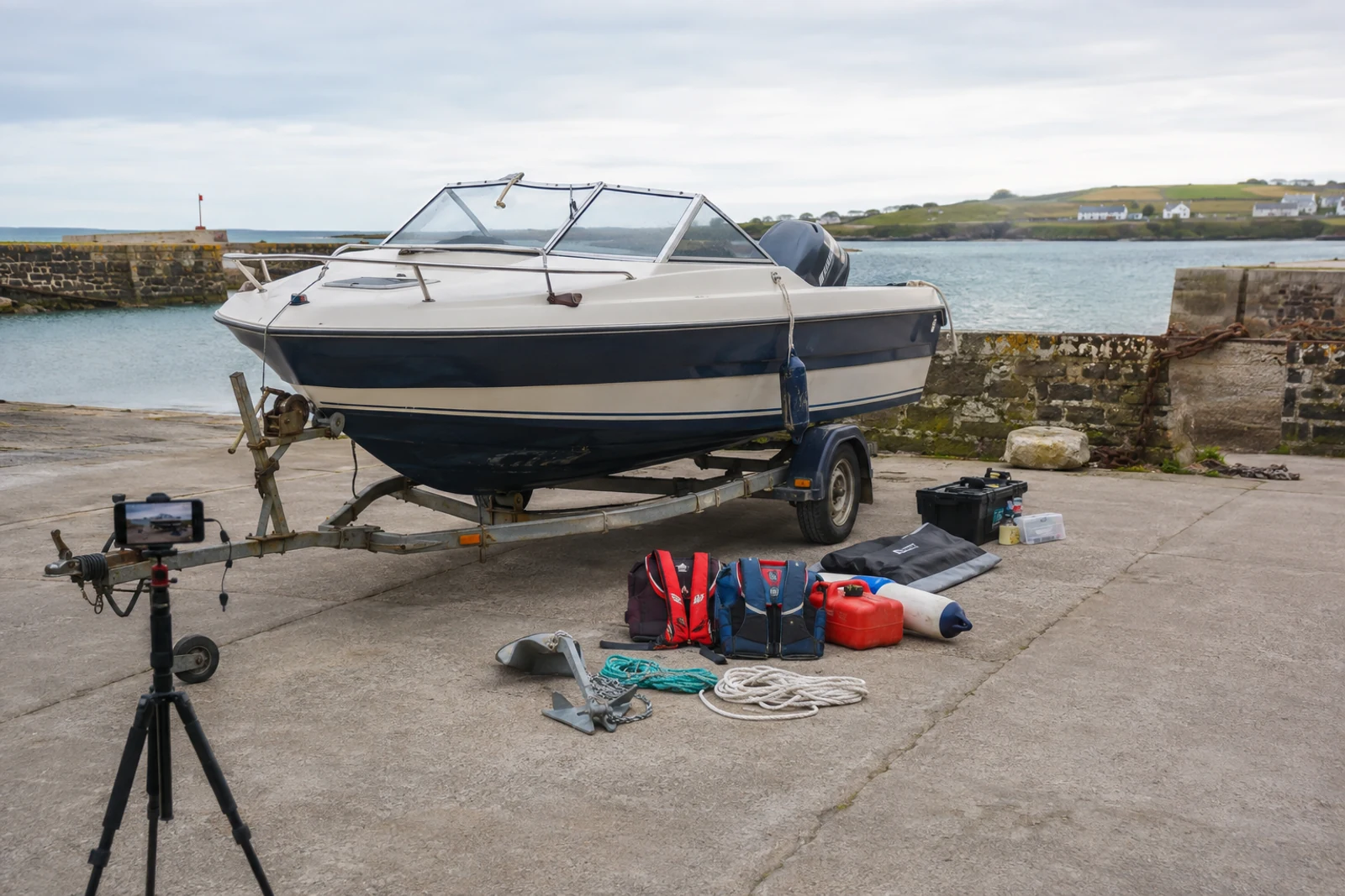 Used motorboat on a trailer beside an Irish harbour with marine accessories arranged for listing photographs