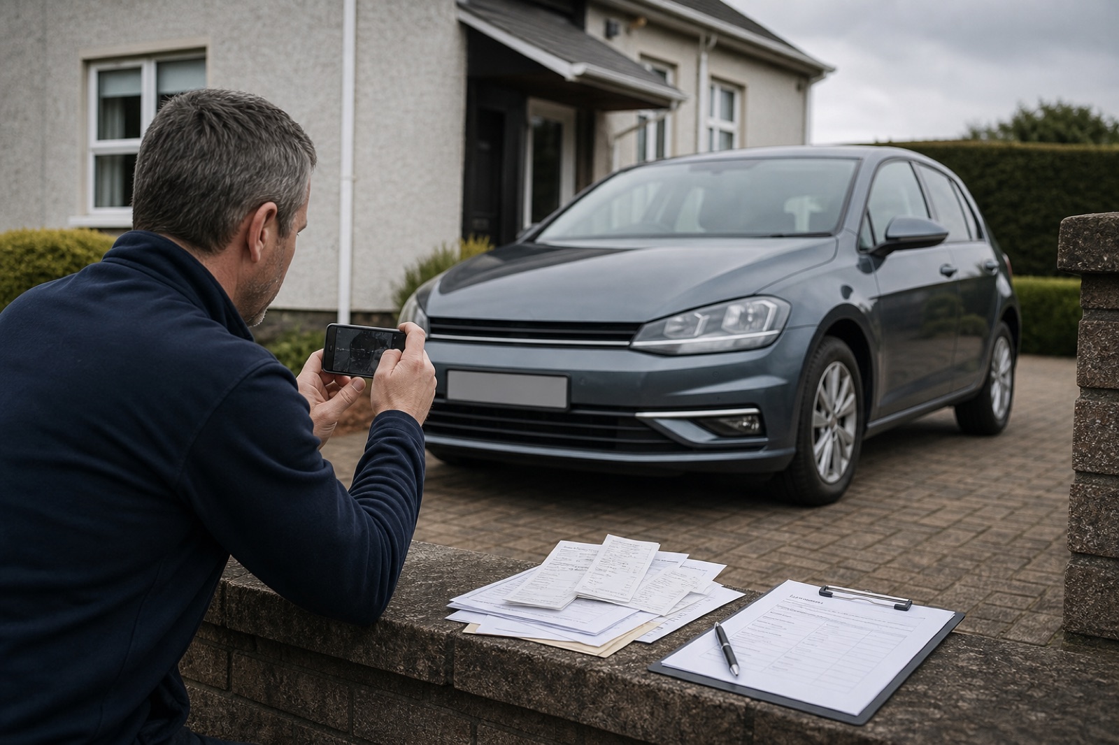 Private seller photographing a used car with maintenance records on a clipboard