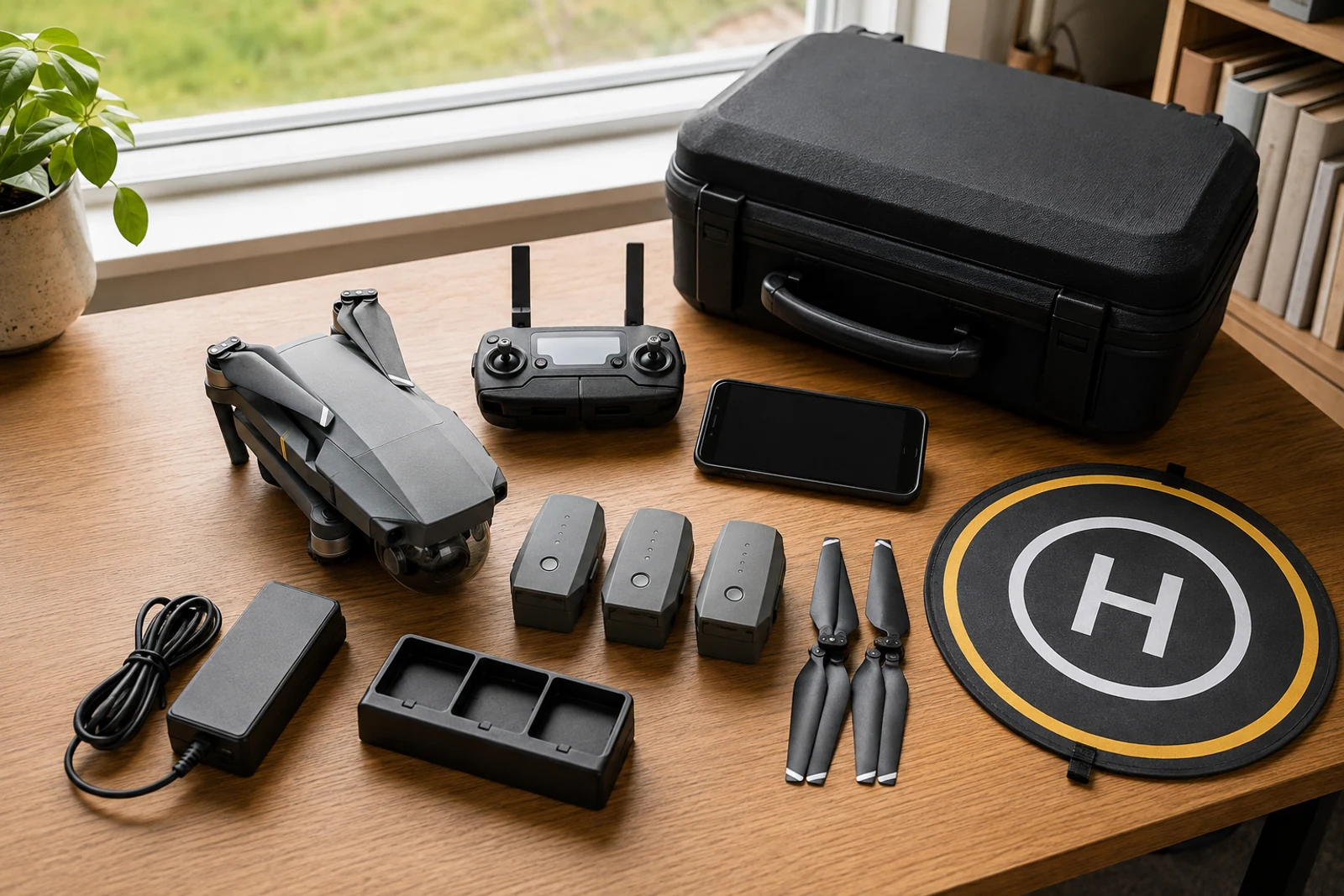 Camera drone with controller, batteries, propellers and case arranged for inspection