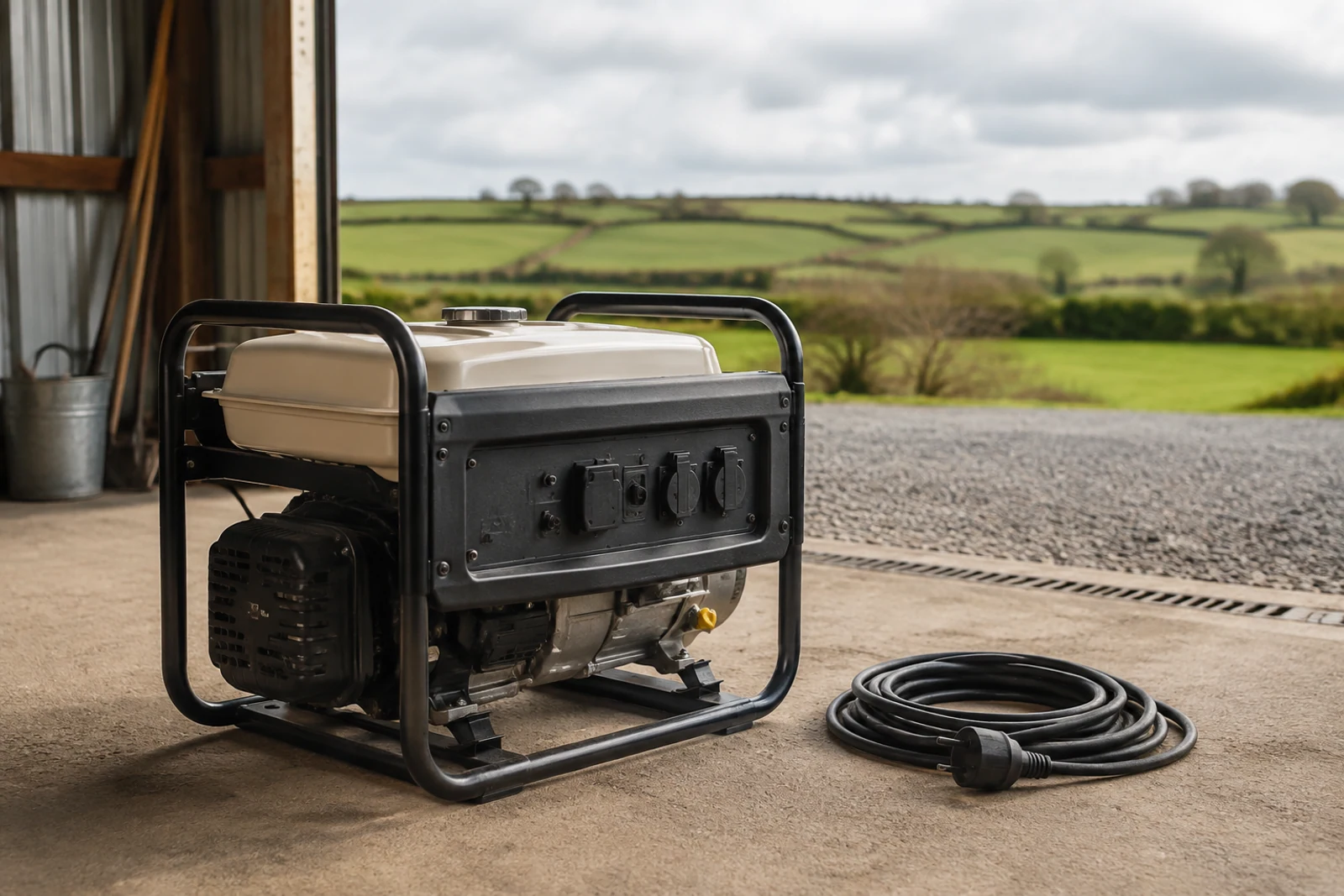 Portable generator switched off beside coiled cable in a ventilated Irish farm shed