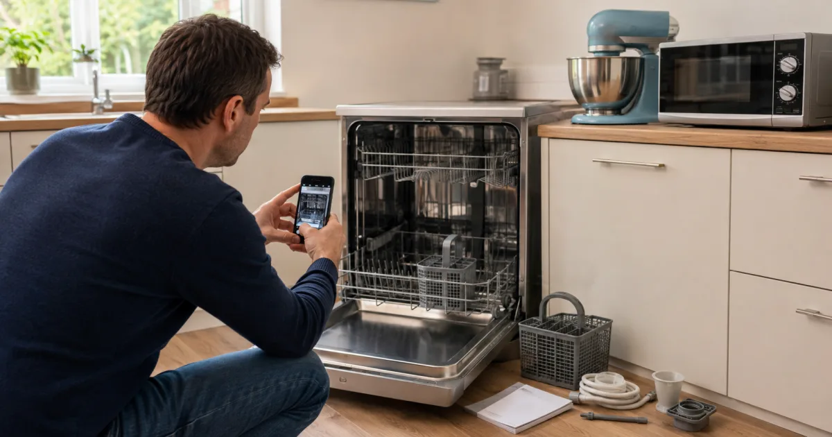 Seller photographing the clean interior and accessories of a used dishwasher in an Irish kitchen