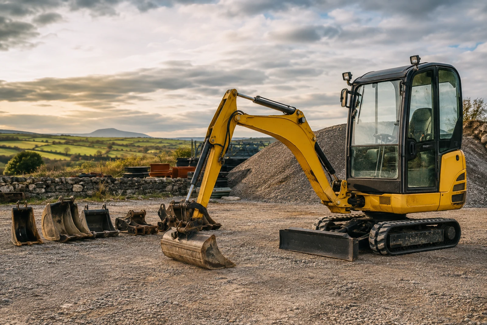 Compact excavator and buckets presented on a tidy Irish construction yard