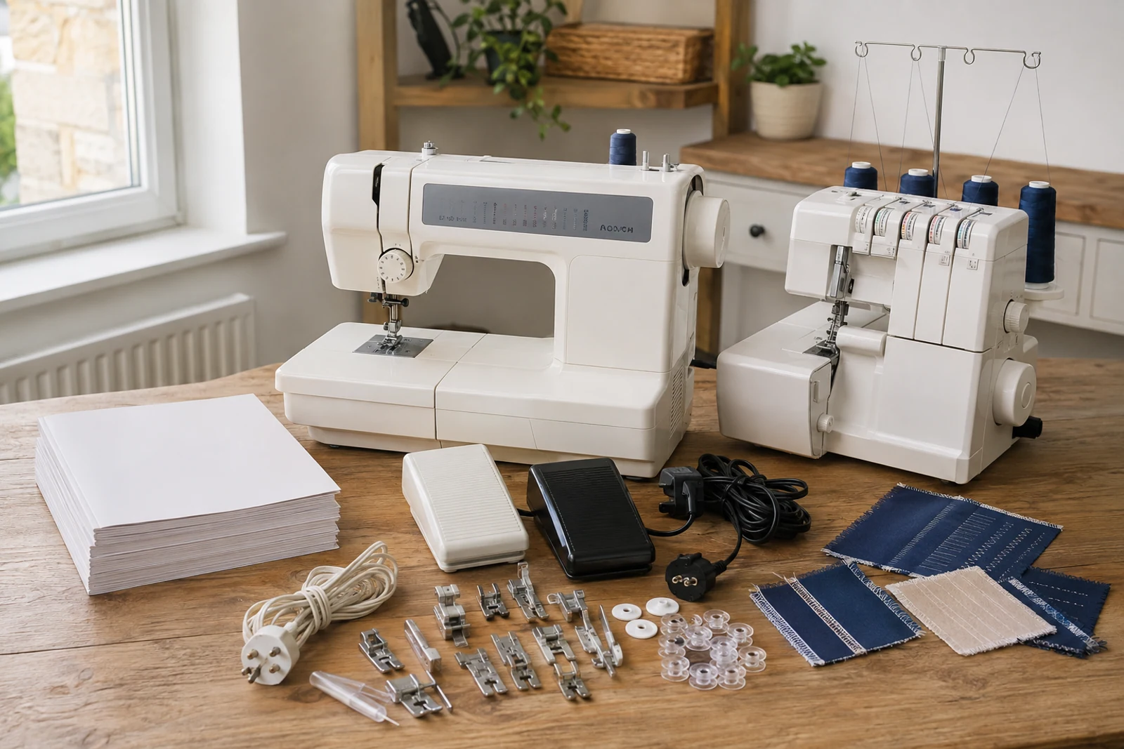 Domestic sewing machine, overlocker, pedals and accessories arranged for sale