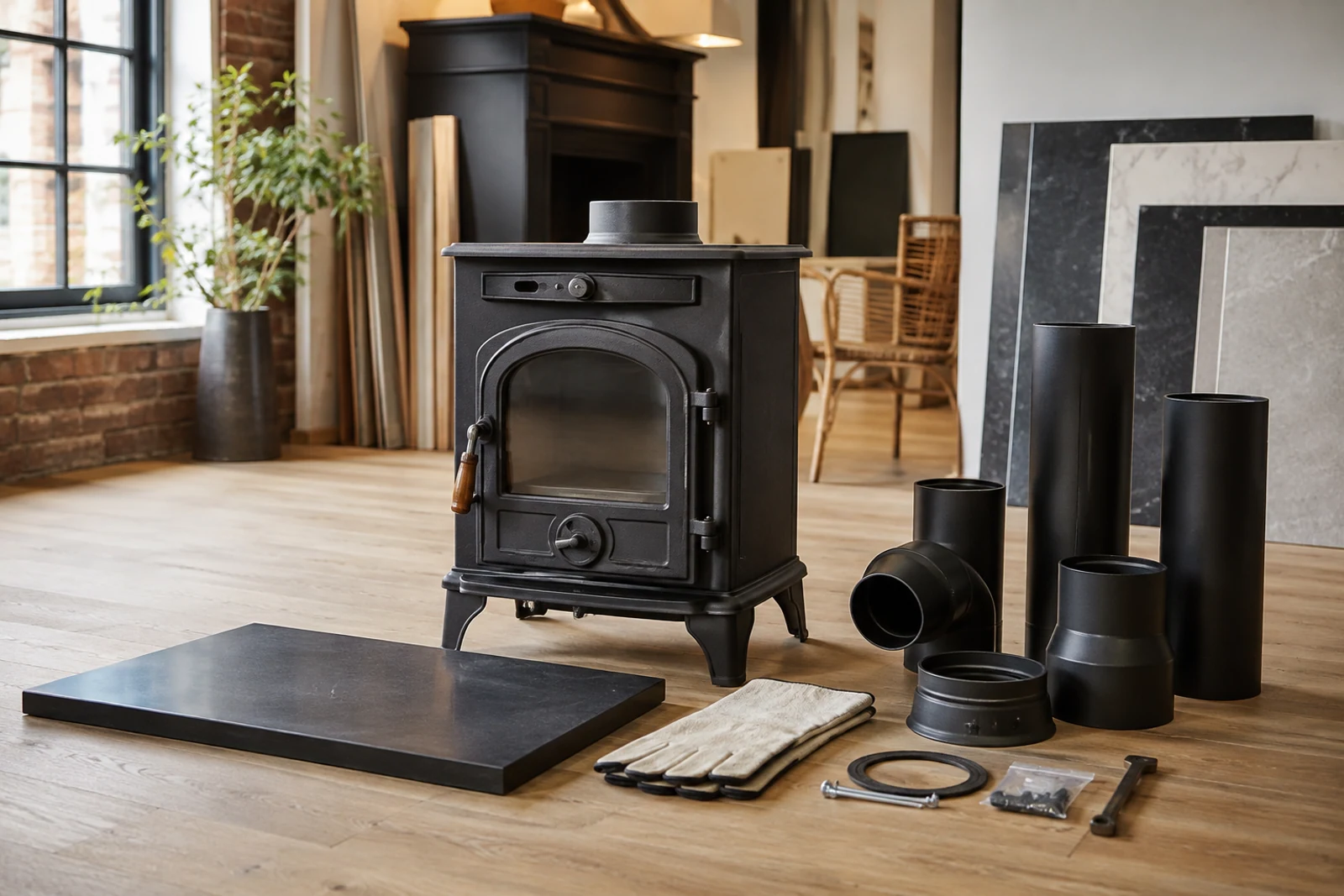 Unlit cast-iron stove, hearth slab and flue components displayed in a renovation showroom