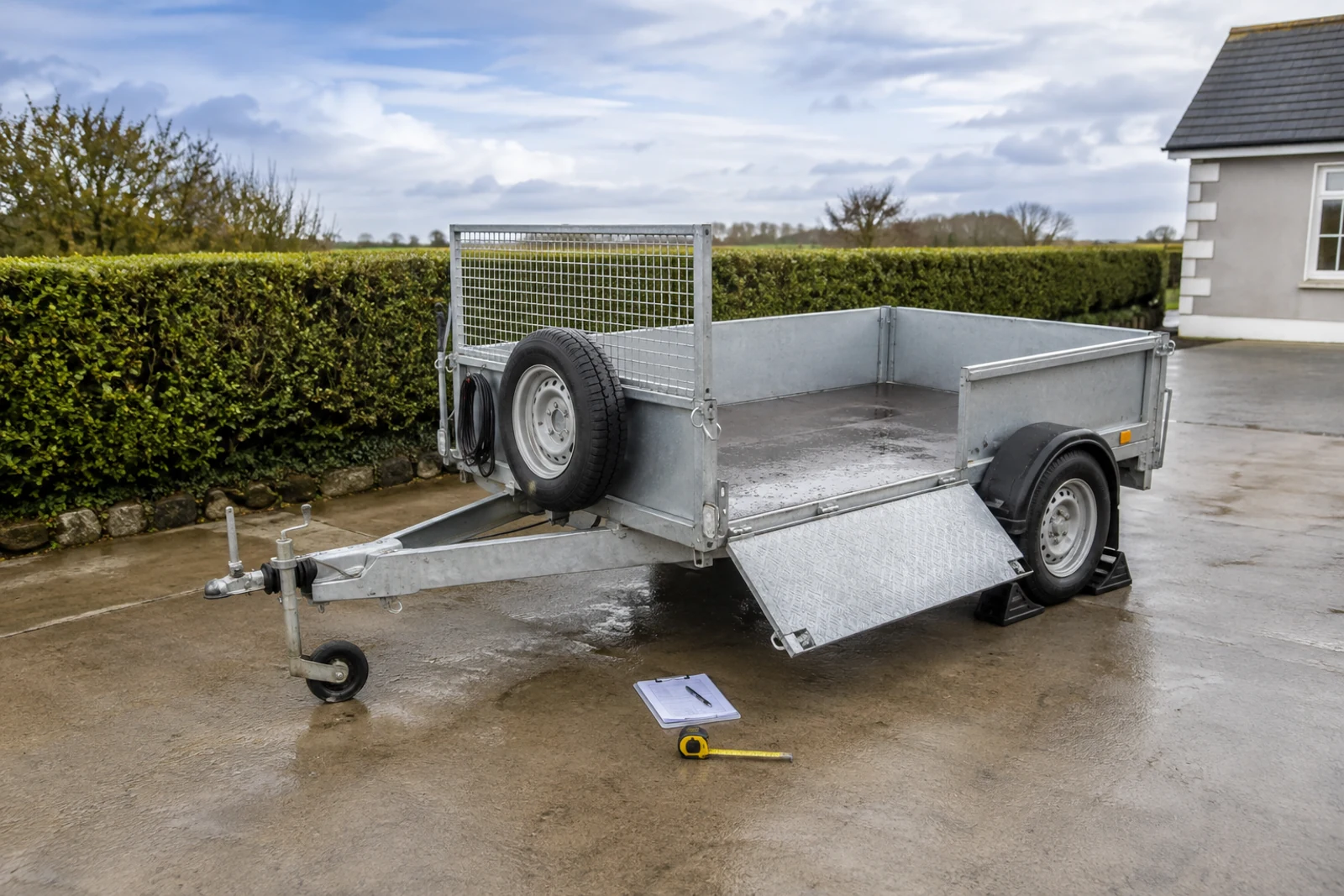 Used galvanised utility trailer safely chocked on an Irish driveway with its ramp and spare wheel visible
